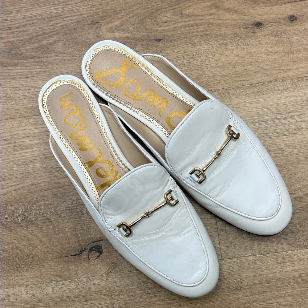 Sam Edelman White Leather Slip-On Mule with Gold Horsebit US 7.5